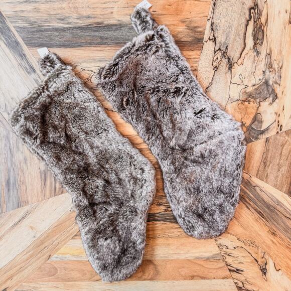 NWT-Pier 1 Imports, Pair of Faux Fur Christmas Stocking, Brown/Gray-Holiday-20”H - Picture 1 of 7